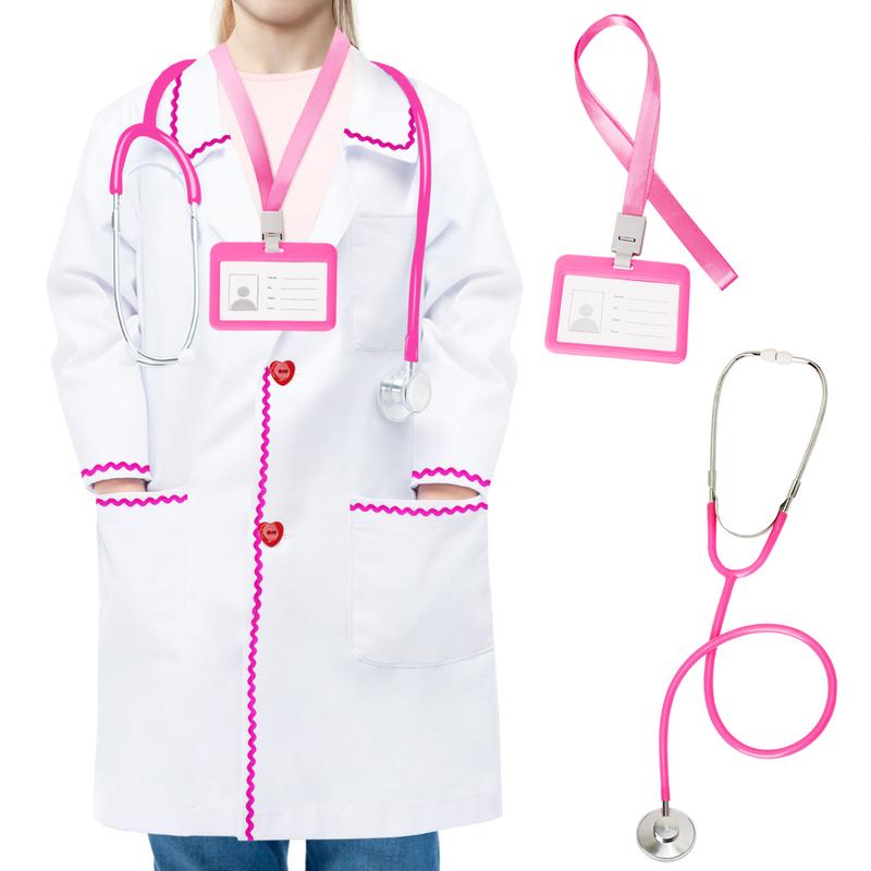 White Lab Coat, Doctor Coat with Stethoscope&ID Card,Doctor Scientist Dress Up Costume