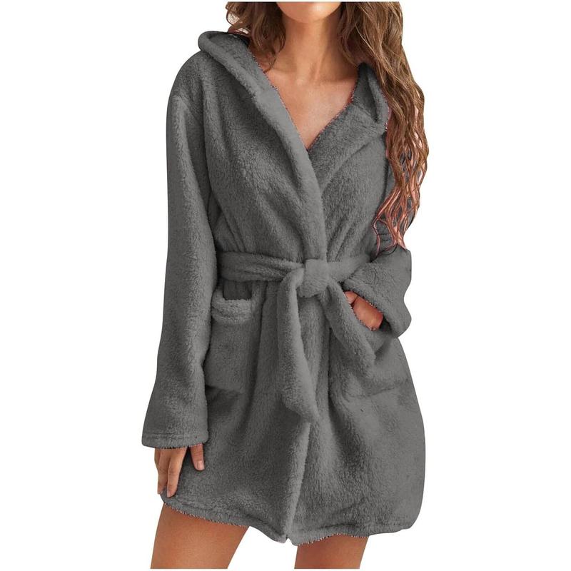 Womens Fuzzy Robe Hooded Short Robe Fall Winte Belt Knee Length Plush Robe Sleepwear Pockets Spa Bathrobe