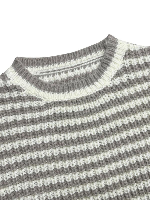 Women's Striped Print Drop Shoulder Sweater, Casual Long Sleeve Round Neck Jumper for Fall & Winter, Knit Sweater for Women, Fashion Ladies' Knitwear for Daily Wear