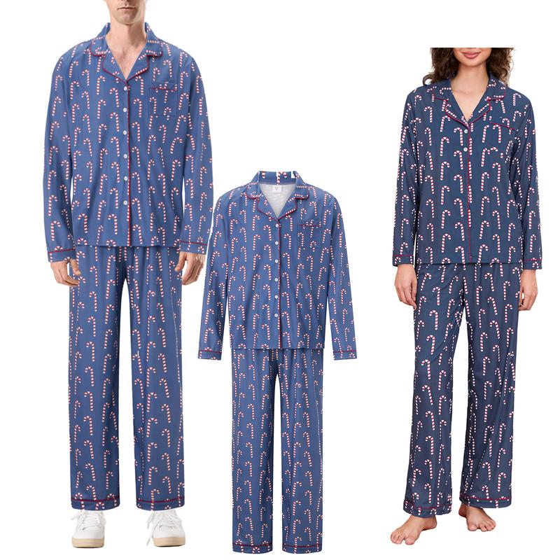 New Style Blue Family Matching Christmas Pajama Set, Candy Cane Print Long Sleeve Button-up Tops Elastic Waist Long Pants