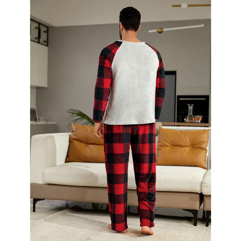 CoupledUp 1pc Christmas Print Raglan Sleeve Tee & 1pc Buffalo Plaid Print Pants PJ Set   Pajama Set