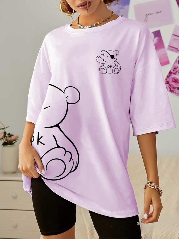 Women's Cartoon Bear & Letter Print Drop Shoulder Tee, Casual Half Sleeve Round Neck T-shirt for Summer, Graphic Tees, Ladies Clothes for Daily Wear