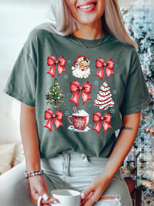 Women's Christmas Themed Print Round Neck Tee, Casual Short Sleeve Crew Neck T-shirt for Summer, Fashion Women's Top for Daily Wear