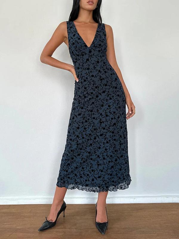 Women's Floral Print Deep V Neck A Line Vintage Dress, Elegant Sleeveless Bodycon Long Dress, Ladies Clothes for Party Holiday Wedding Guest, Dresses for Women, Capri Sun Dress, Birthday Dresses 2024 Womenswear