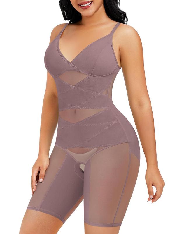 Womenswear Contrast Mesh Seamless Shapewear Bodysuit, Basic Minimalist Casual Solid Color Spaghetti Strap Shaper, Tummy Control Corset, Ladies Shapewear Clothing