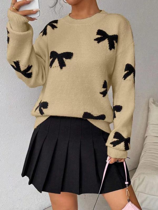 Women's Bow Print Drop Shoulder Sweater, Casual Long Sleeve Round Neck Jumper for Fall & Winter, Fashion Ladies' Knitwear for Daily Wear