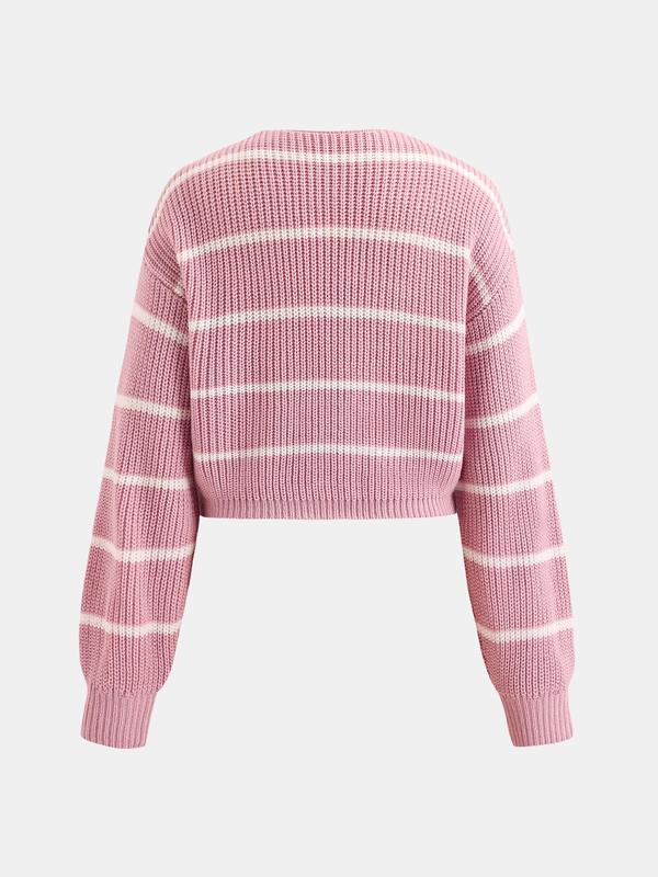 YOZY Christmas Deals, Striped Print Drawstring V Neck Crop Sweater  Casual Bishop Sleeve Ruched Jumper, 2024 Women's Fall & Winter Outfits for Daily Wear, Christmas 2024 Trend, Fall & Winter Clothes