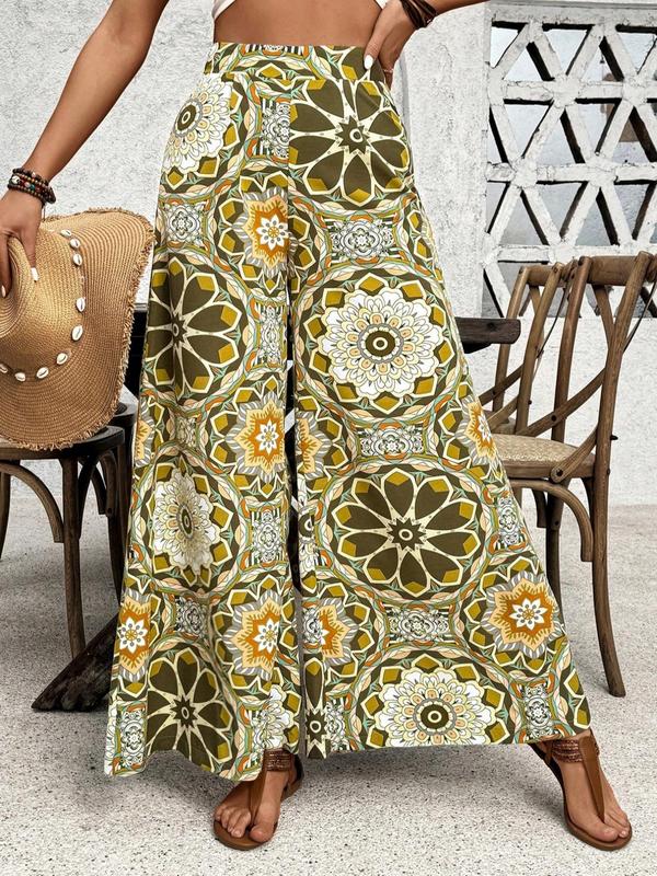 Women's Ethnic Pattern High Waist Wide Leg Vintage Pants, Summer Outfits, Lady Boho Casual Comfort Elastic Waist Wideleg Trousers for Daily Wear, Ladies Bottoms for Spring & Fall, Womenswear