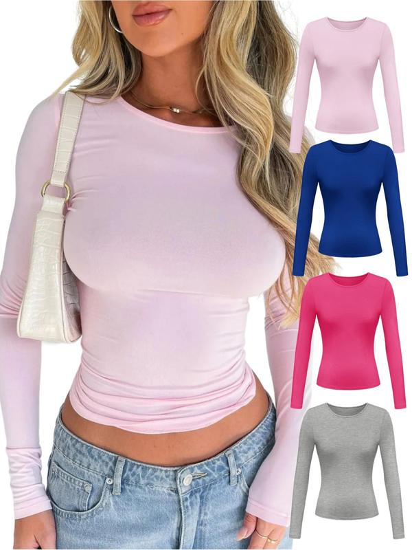 Women's Solid Long Sleeve Tee, 4 Counts Casual Basic Round Neck T-shirt for Spring & Fall, Women's Top for Daily Wear