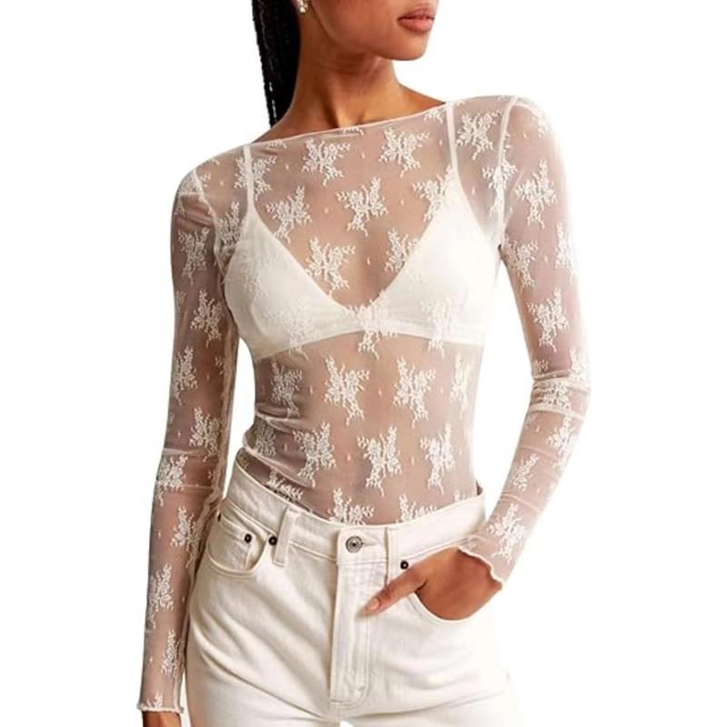 LOMON Womens Mesh Top Long Sheer Lace Top Cap Sleeve Embroidery Sheer Blouse Sexy See Through Shirt Lace Tops S-XL