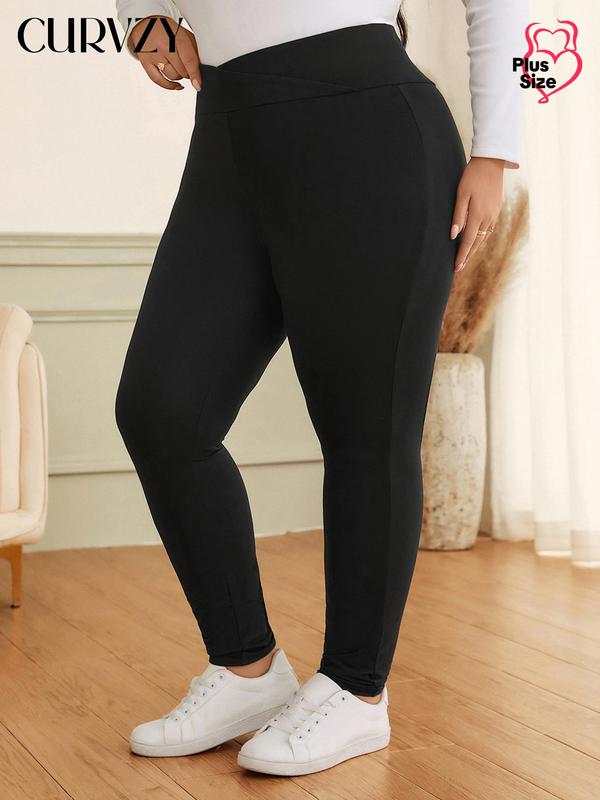 CURVZY Plus Size Solid High Waist Leggings, Casual Comfy Skinny Pants for Daily Wear, Women's Bottoms for Spring & Fall