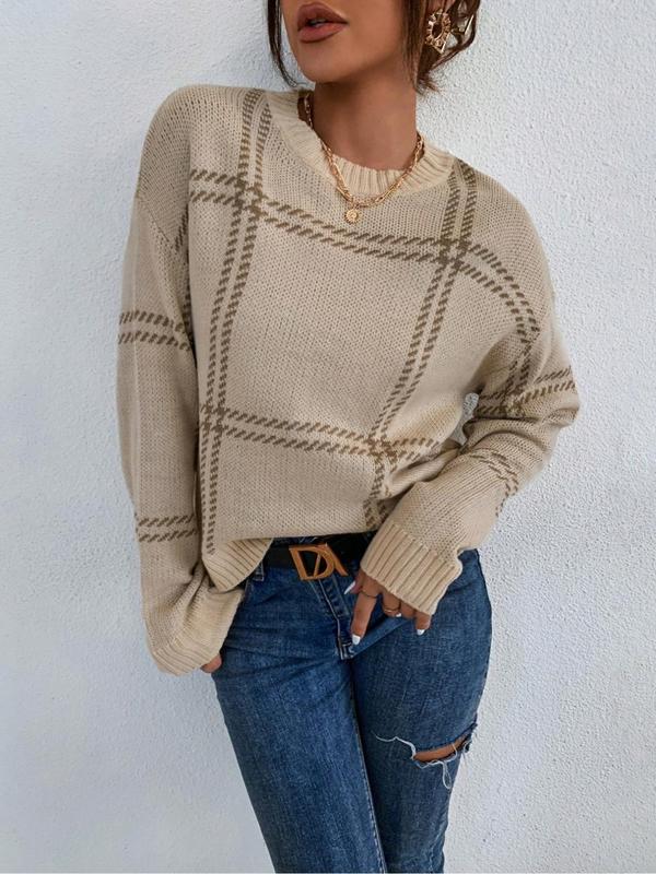 Women's Plaid Print Drop Shoulder Sweater, Casual Long Sleeve Round Neck Jumper for Fall & Winter, Fashion Ladies' Knitwear for Daily Wear Downtown Girl Clothes