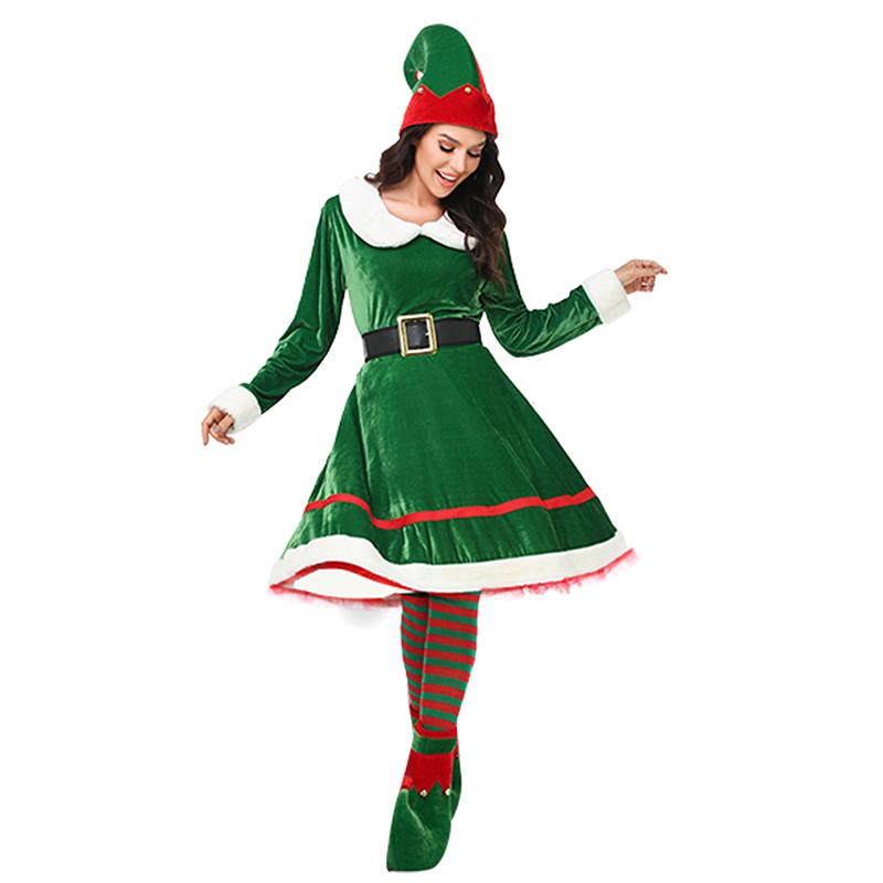 Women Christmas Elf Costume Set Velvet Dress Belt Striped Over Knee High Socks Elf Hat Shoes for Cosplay, Ladies Clothes for Indoor Outdoor Wear, Ladies Clothes for Daily Wear