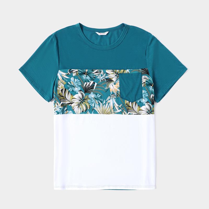 PatPat Family Matching All Over Floral Print Blue V Neck Ruffle Dresses and Short-sleeve Splicing T-shirts Sets