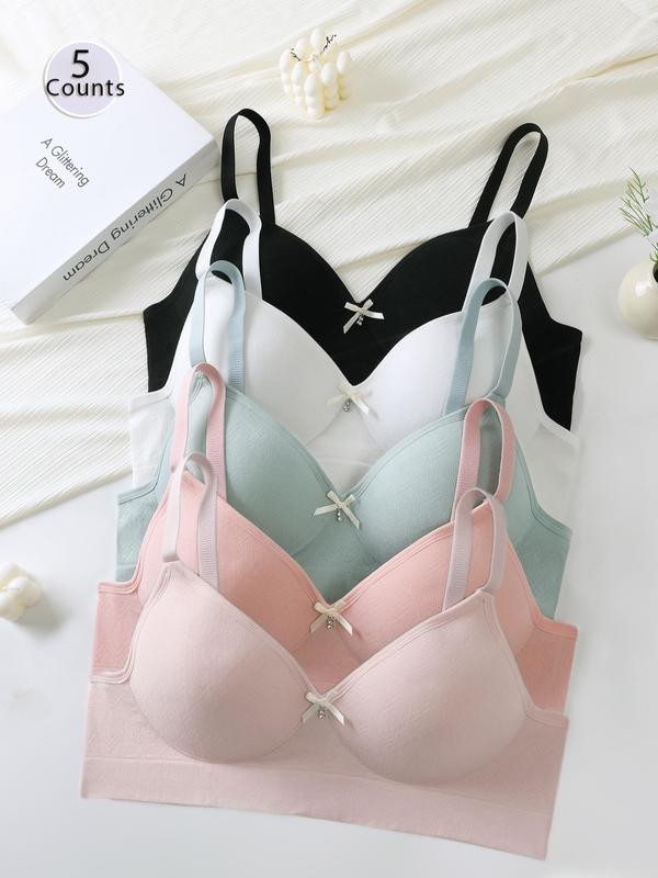 Women's Solid Bow Decor Wireless Bra, Breathable Comfortable Adjustable Strap Seamless Bra, Ladies Lingerie for Daily Wear