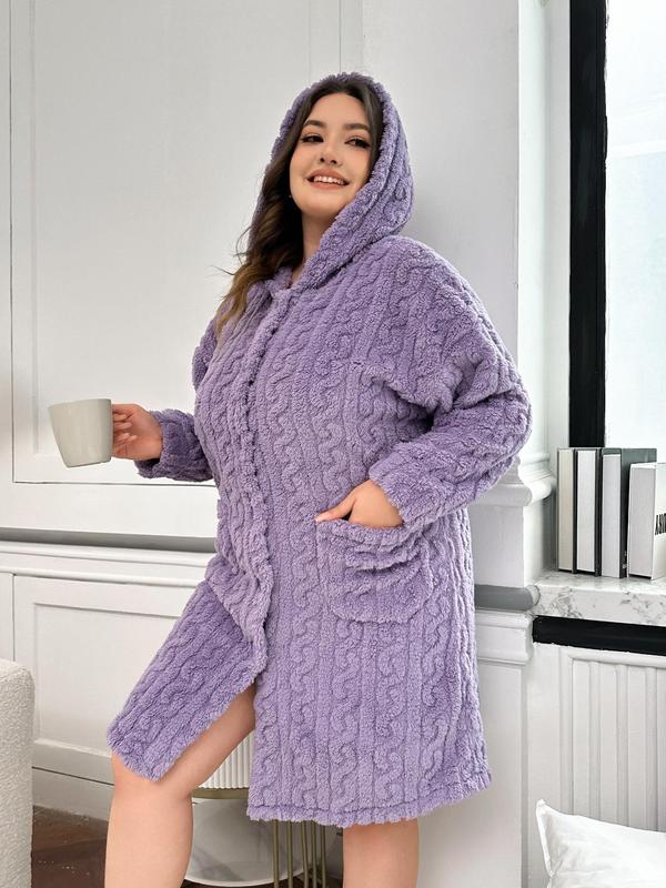  Solid Textured Drop Shoulder Flannel Lounge Robe, Casual Long Sleeve Pocket Hooded Dressing Gown, Women's Sleepwear for Fall & Winter