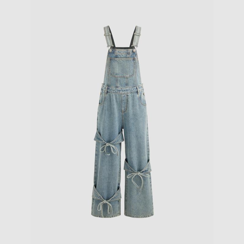 Cider [2 colors, size 0-24] Denim Bowknot Buckle Up Pocket Wide Leg Jumpsuit