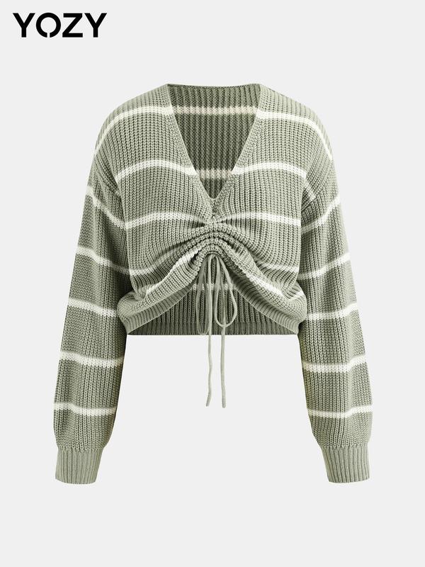 YOZY Christmas Deals, Striped Print Drawstring V Neck Crop Sweater  Casual Bishop Sleeve Ruched Jumper, 2024 Women's Fall & Winter Outfits for Daily Wear, Christmas 2024 Trend, Fall & Winter Clothes