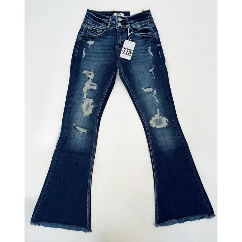 DARK WASH Route 507 Milestone Distressed Denim Flare Jeans Bottom