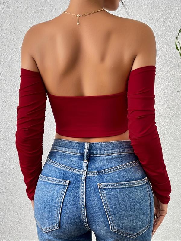 Women's Y2k Solid Off Shoulder Crop Tee, Fall Outfits, T Shirts for Women, Fallfreshness Elegant Ruched Drawstring Front Cropped Tee for Daily Dating Wear, Ladies Clothes for All Seasons