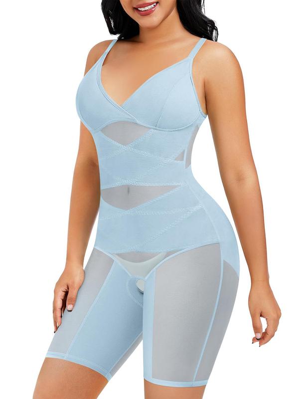 Womenswear Contrast Mesh Seamless Shapewear Bodysuit, Basic Minimalist Casual Solid Color Spaghetti Strap Shaper, Tummy Control Corset, Ladies Shapewear Clothing