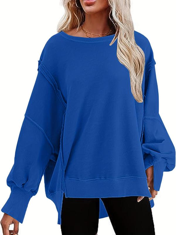 Women's Plain High Low Drop Shoulder Sweatshirt, Sweatshirts for Women, Casual Long Sleeve Round Neck Pullover for Fall & Winter, Ladies Clothes for Daily Wear