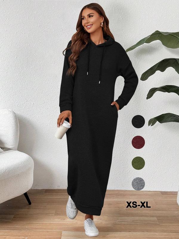 Women's Plain Drawstring Hooded Sweatshirt Dress, Casual Pocket Drop Shoulder Long Sleeve Dress, Women's Fall & Winter Clothes for Daily Wear, Comfortable Sweatshirts for Women Womenswear