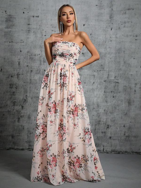 Women's Floral Print Ruched Backless Tube Bridesmaid Dress, Elegant Sleeveless Strapless Maxi Dress for Party Wedding Guest, Ladies Formal Clothes for All Seasons