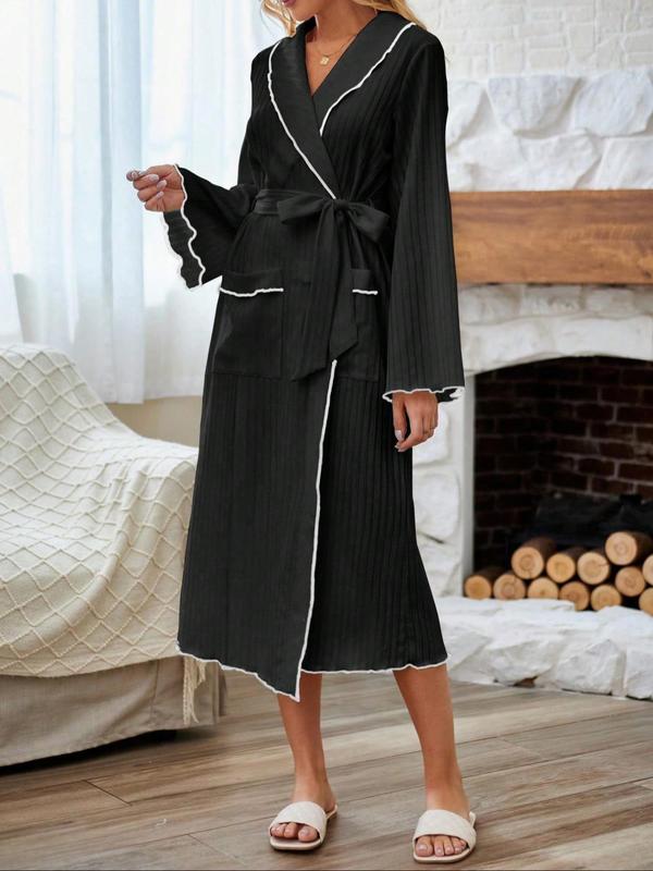 Women's Contrast Binding Lettuce Trim Pocket Belted Ribbed Bathrobe, Elegant Long Sleeve Shawl Collar Robe, Ladies Sleepwear for Spring & Fall