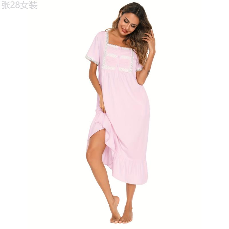 Lace Stitching Nightdress, Cute Square Neck Short Sleeve Ruffle Hem Dress, Women's Sleepwear & Dresses