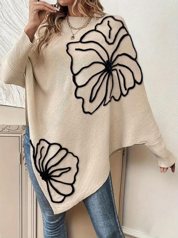 Women's Floral Pattern Asymmetrical Hem Batwing Sleeve Sweater, Casual Long Sleeve Round Neck Jumper for Fall & Winter, Fashion Ladies' Knitwear for Daily Wear