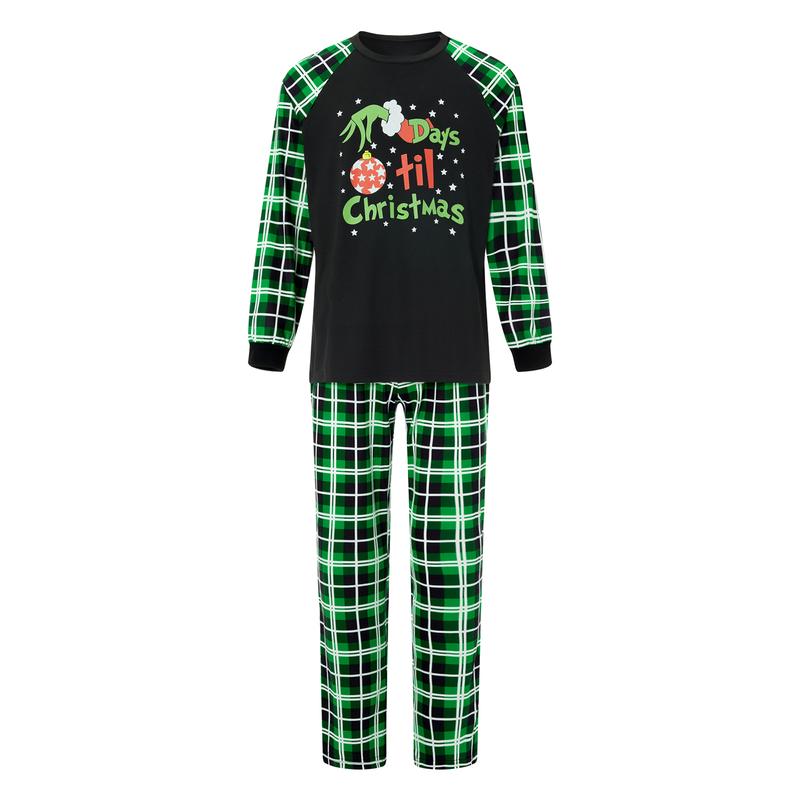 Family Matching Holiday Pajamas Christmas PJ's Green Letters Print T-shirt Plaid Pants Sleepwear Loungewear Homewear