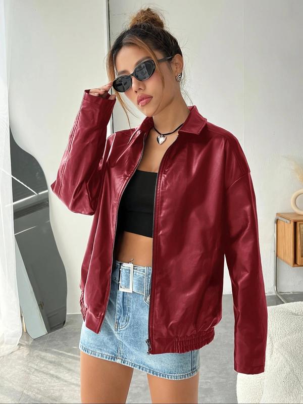 Women's Solid Color PU Leather Jacket, Casual Drop Shoulder Long Sleeve Zip Up Outerwear for Fall & Winter, Ladies Clothes for Daily Wear