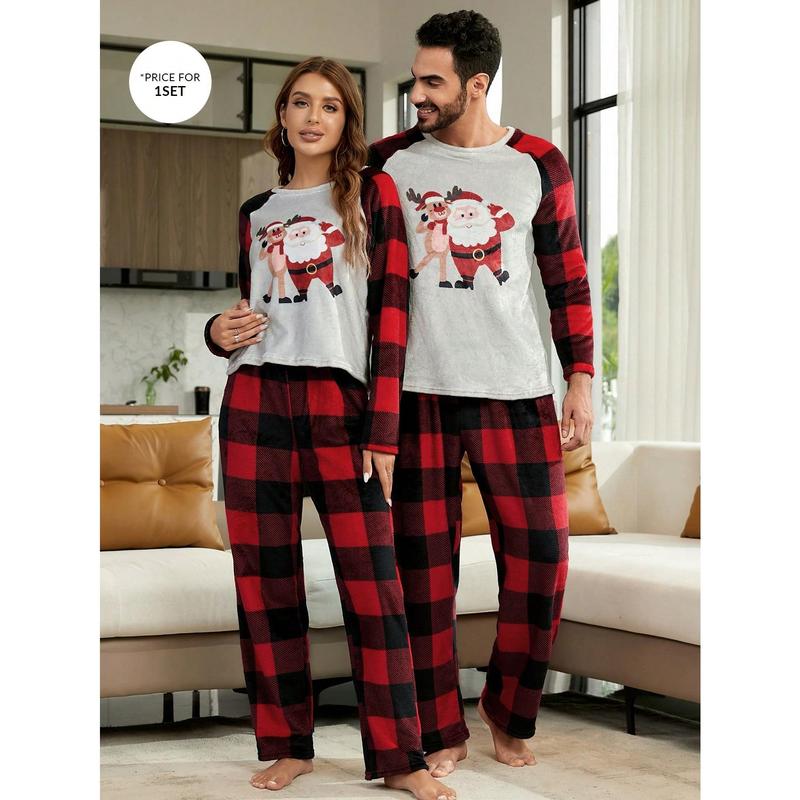 CoupledUp 1pc Christmas Print Raglan Sleeve Tee & 1pc Buffalo Plaid Print Pants PJ Set   Pajama Set