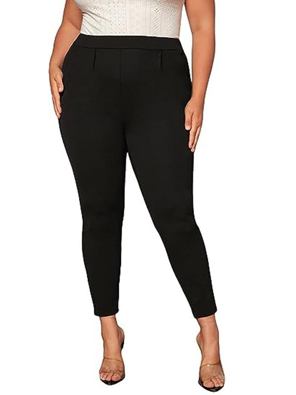 Plus Size Solid Color Pocket Leggings, Plus Plain Casual Comfy Skinny Pants for Women, Women's Bottoms for Spring & Fall