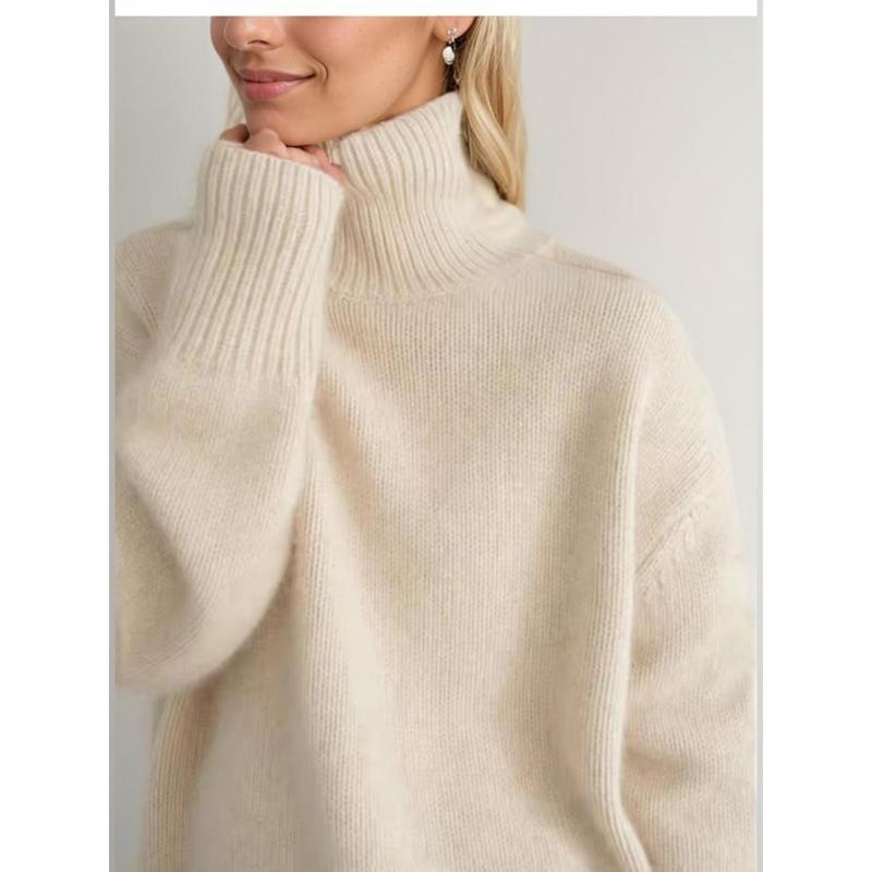 Women's Cashmere High Neck Long Sleeve Sweater Pure Color Cashmere Knit High Neck Short Pullover Loose Slouchy Sweater  Casual Loose Bottom Autumn and Winter Pullover Sweater