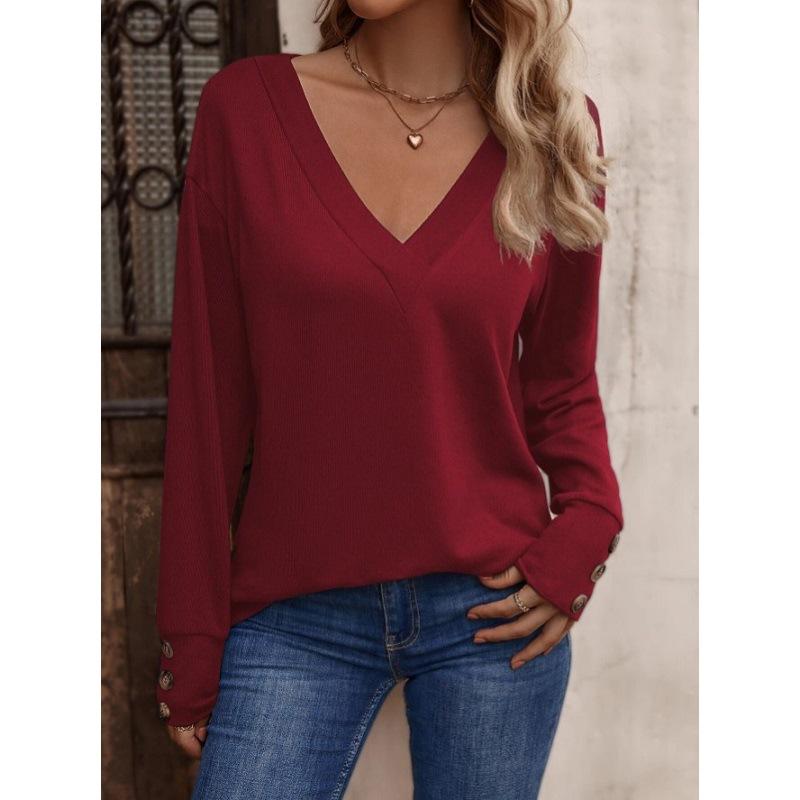 Women's Autumn and Winter New Solid Color and V-neck Loose Long-Sleeved T-shirt Button Top