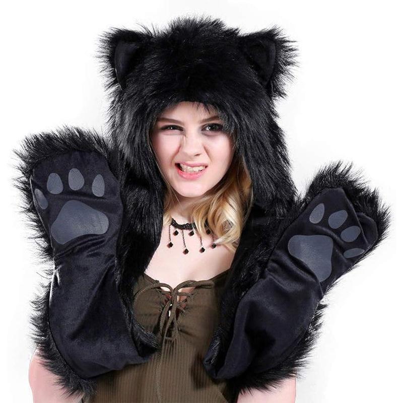 3 in 1 Fx Fur Animal Hood with Paws Fuzzy Novelty Wolf Hats Gloves Scarf Winter Cosplay Hoods Halloween Cosplay