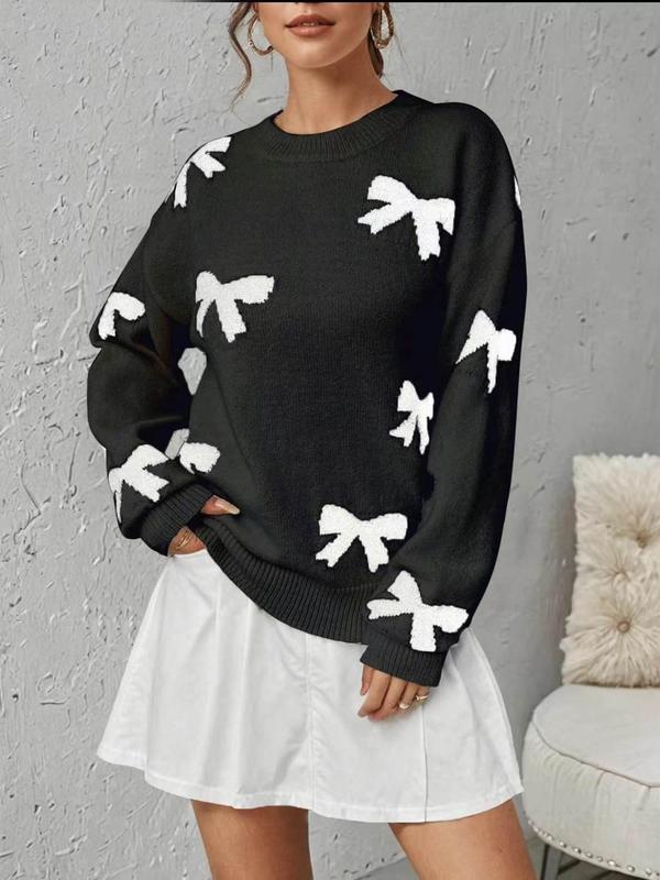 Women's Bow Print Drop Shoulder Sweater, Casual Long Sleeve Round Neck Jumper for Fall & Winter, Fashion Ladies' Knitwear for Daily Wear