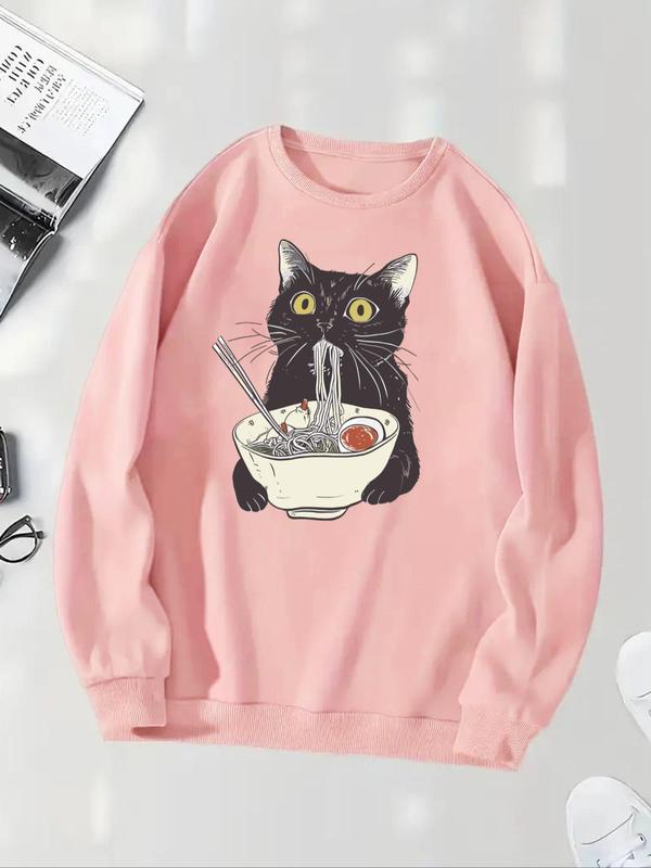 Women's Cartoon Cat Print Drop Shoulder Sweatshirt, Casual Long Sleeve Round Neck Pullover for Fall & Winter, Ladies Clothes for Daily Wear