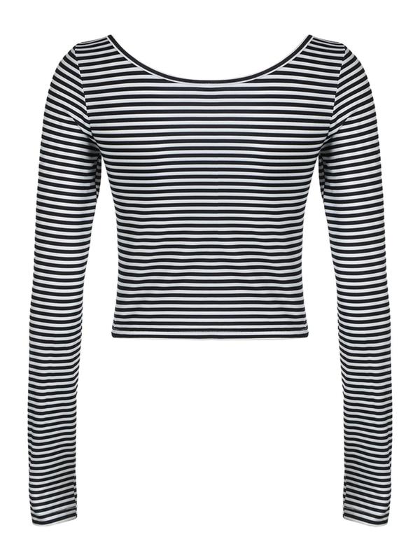 Women's Striped Print Scoop Neck Crop Tee, Casual Long Sleeve T-shirt for Daily Wear, Ladies Clothes for Spring & Fall, Downtown Girl Clothes