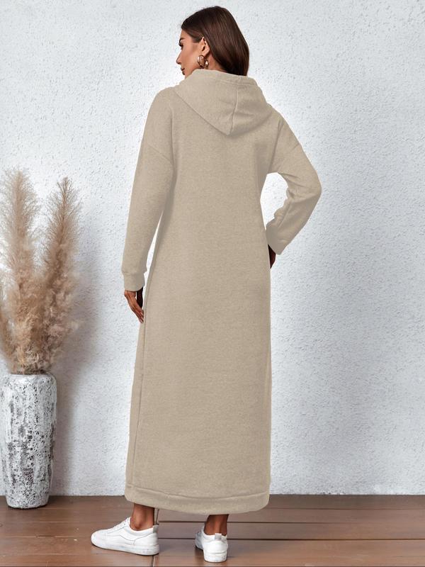 Women's Plain Drawstring Hooded Sweatshirt Dress, Casual Pocket Drop Shoulder Long Sleeve Dress, Women's Fall & Winter Clothes for Daily Wear, Comfortable Sweatshirts for Women Womenswear