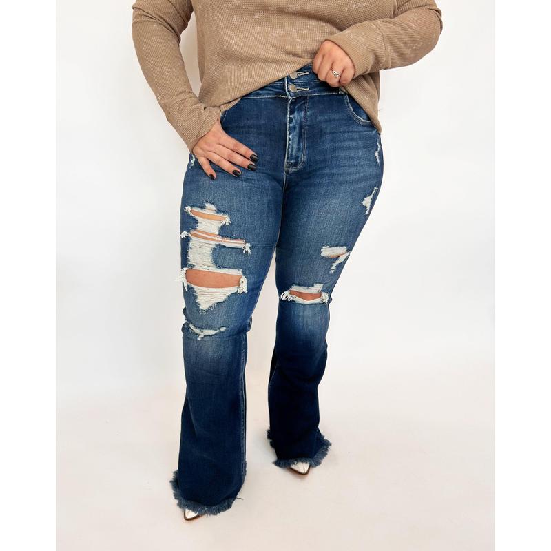 DARK WASH Route 507 Milestone Distressed Denim Flare Jeans Bottom