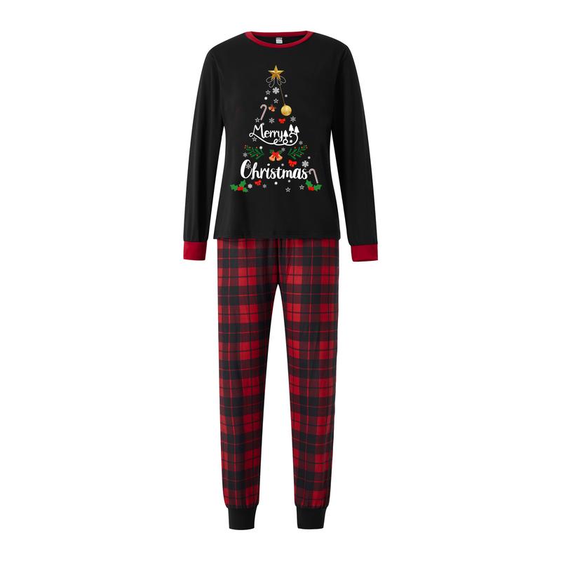 Family-sized Christmas pajamas with letter and snowflake print long-sleeved top and free plaid trousers