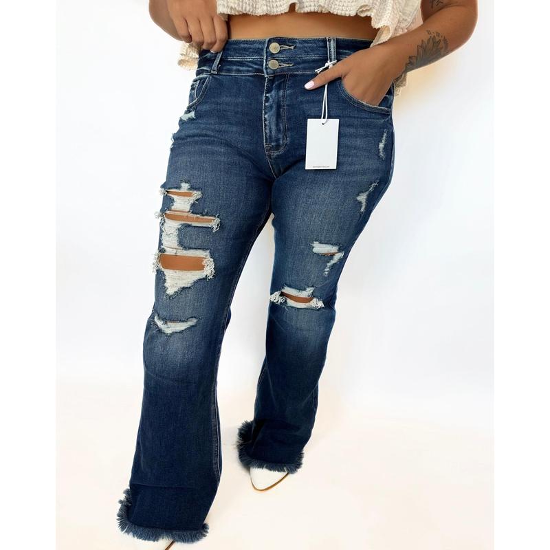 DARK WASH Route 507 Milestone Distressed Denim Flare Jeans Bottom