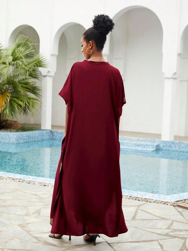 Arabic Clothing- Contrast Binding Notched Side Split Arabian Dress, Casual Embroidery Batwing Sleeve Kaftan, Summer Outfits 2024, Summer Clothes