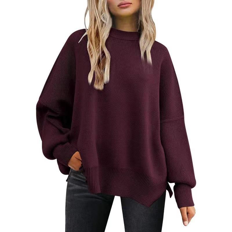 Women's round-Neck Batwing Long Sleeve Sweater Winter Knitting Side Slit Pullover