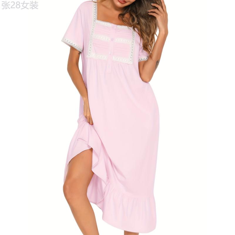 Lace Stitching Nightdress, Cute Square Neck Short Sleeve Ruffle Hem Dress, Women's Sleepwear & Dresses