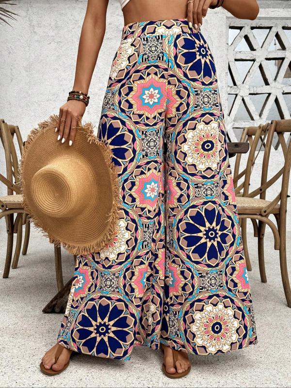 Women's Ethnic Pattern High Waist Wide Leg Vintage Pants, Summer Outfits, Lady Boho Casual Comfort Elastic Waist Wideleg Trousers for Daily Wear, Ladies Bottoms for Spring & Fall, Womenswear