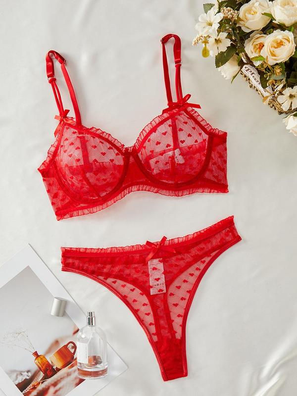 Women's Heart Pattern Sheer Sexy Lace Lingerie Set, Romantic Frill Trim Bra & Bow Decor Thong Set, Lingerie Set for All Seasons